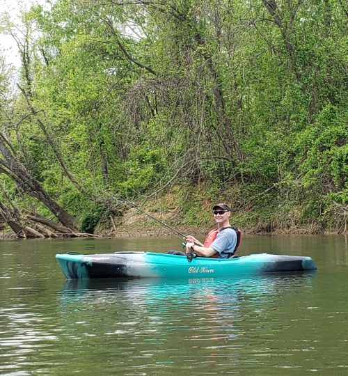 kayak fishing in the Rivanna River, near Charlottesville, VA